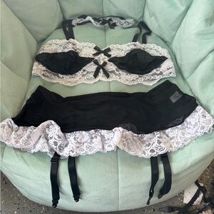 Sexy sheer mesh lace French maid lingerie set bra skirt with garters choker